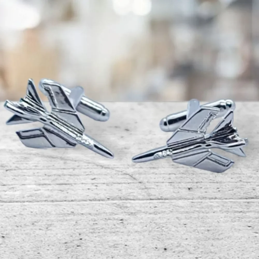 Men's Fighter Jet Silver Cufflinks Tuxedo Formal Aviation Pilot Airplane Plane